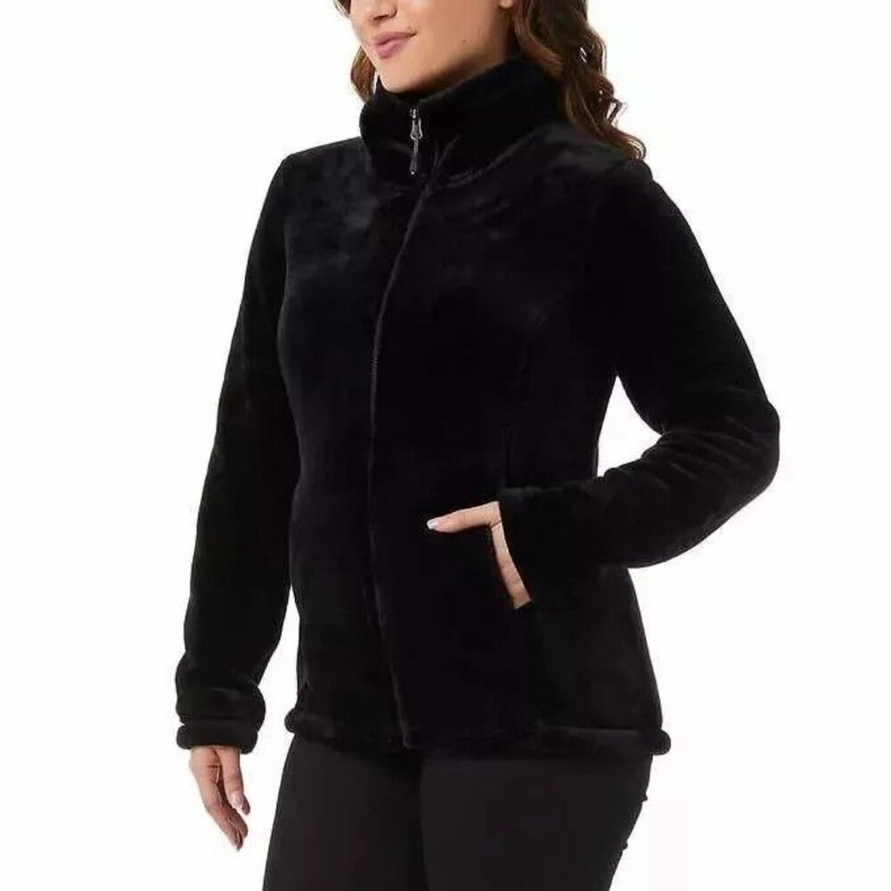 32 Degrees Heat Women XL Plush Faux Fur Zip-up Teddy Jacket Long Sleeve Black